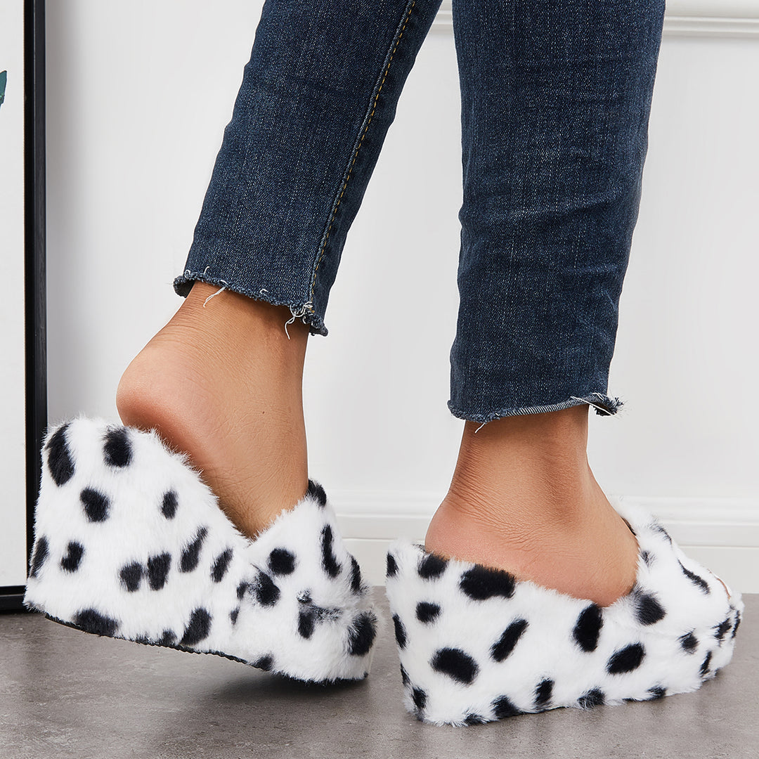 Faux Furry Platform Wedge Slippers Fuzzy Slide Mule Sandals