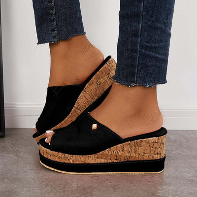Tinstree Women Comfortable Cork Footbed Slip-on Sandals Platform Wedge Slippers Black