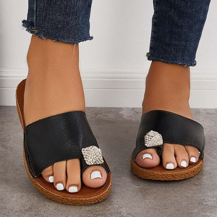 Womens Shining Rhinestone Toe Ring Slides Flat Slip On Sandals