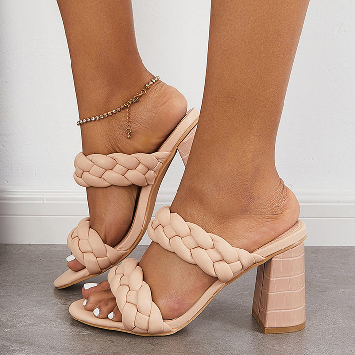 Braided Chunky High Heel Mules Slip on Backless Sandals