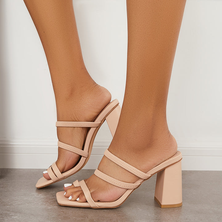 Square Toe Ring Chunky Heel Mules Strappy Dress Sandals