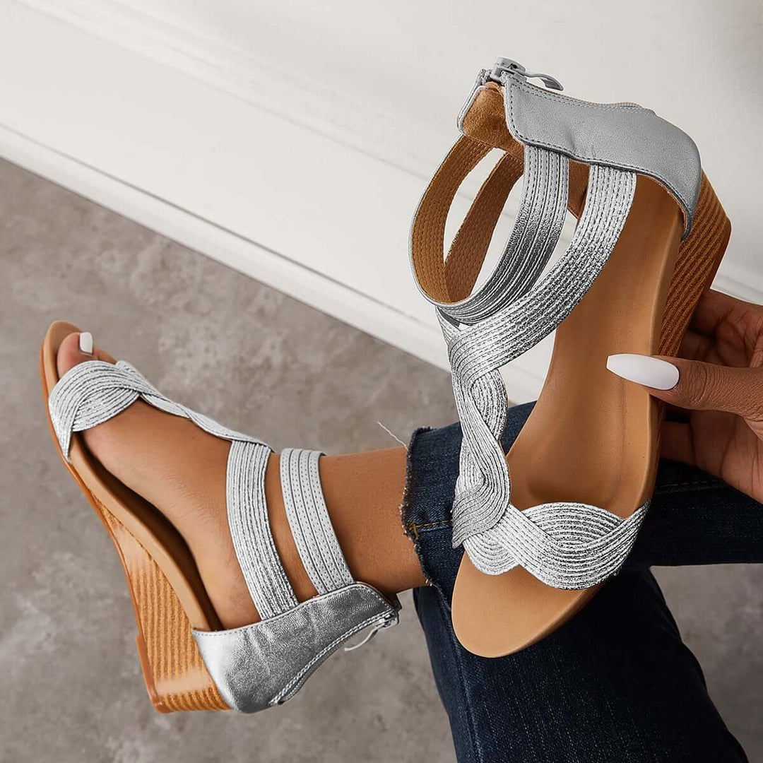 Casual T-Strap Wedge Sandals Back Zipper Ankle Strap Shoes