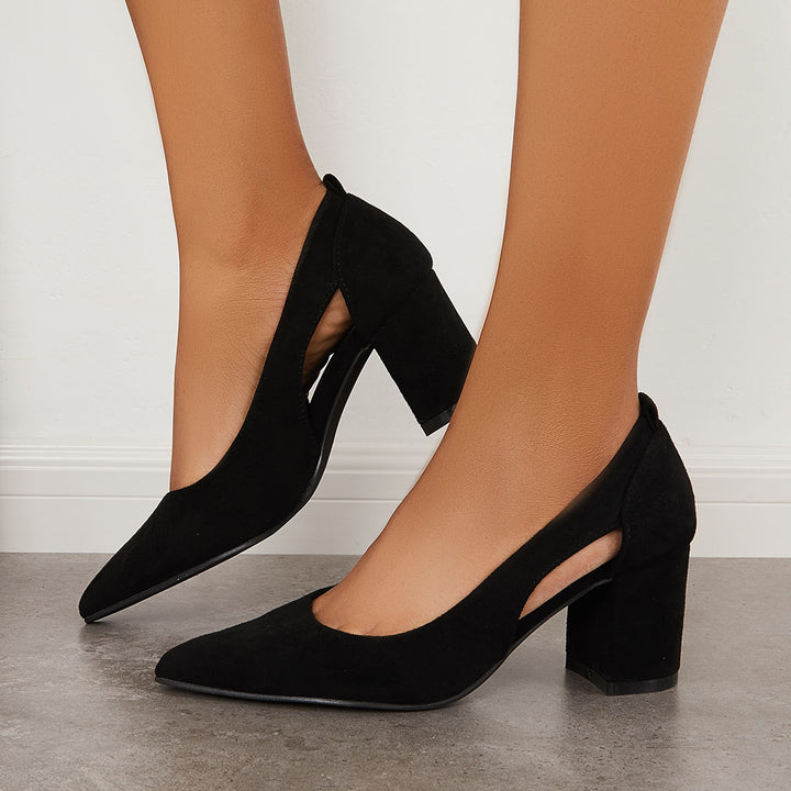 Chunky Block Heel Pumps Pointed Toe Slip on Office Shoes
