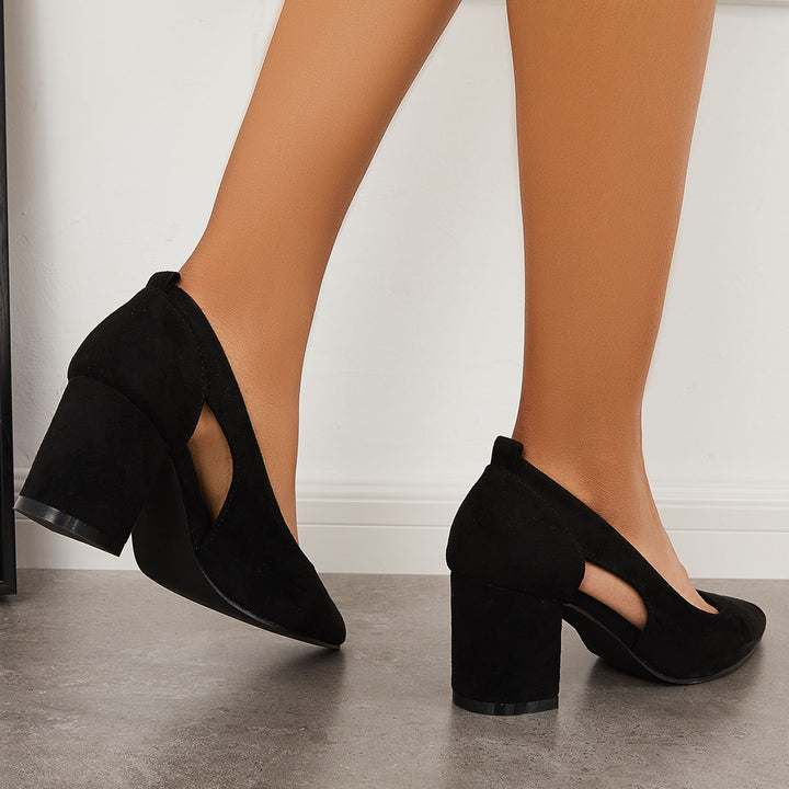 Chunky Block Heel Pumps Pointed Toe Slip on Office Shoes