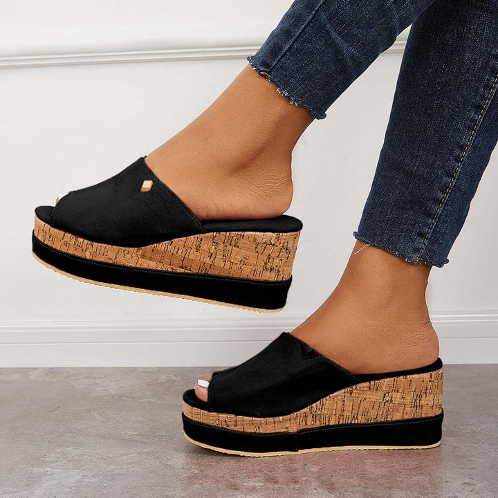 Tinstree Women Comfortable Cork Footbed Slip-on Sandals Platform Wedge Slippers Black
