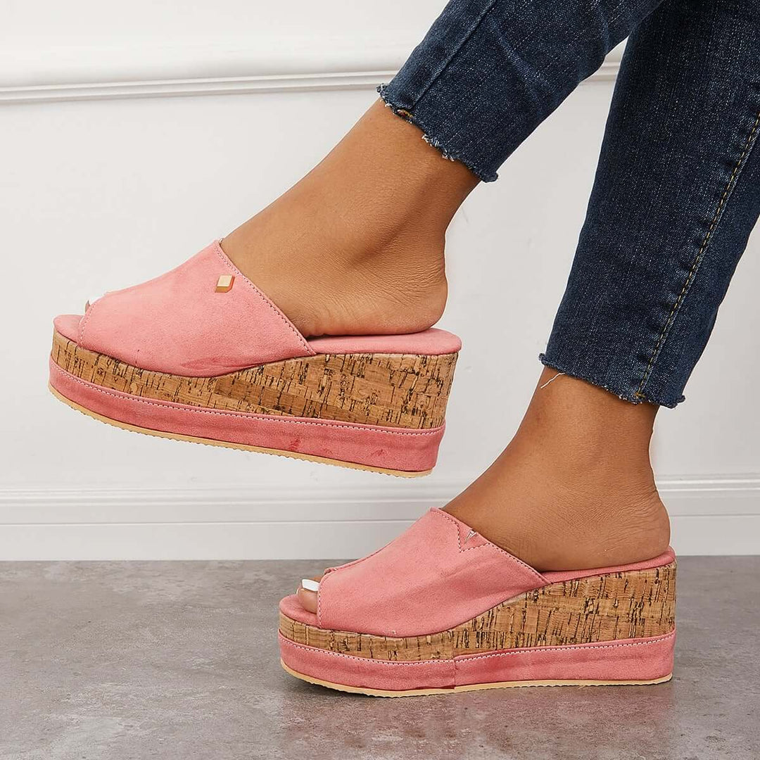 Tinstree Women Comfortable Cork Footbed Slip-on Sandals Platform Wedge Slippers Pink