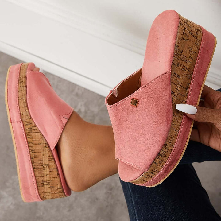 Tinstree Women Comfortable Cork Footbed Slip-on Sandals Platform Wedge Slippers Pink
