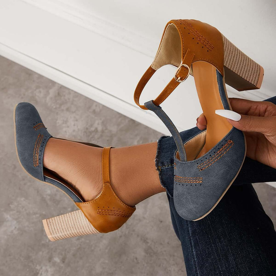 Casual Chunky Block Stacked Heels Ankle T-Strap Pumps