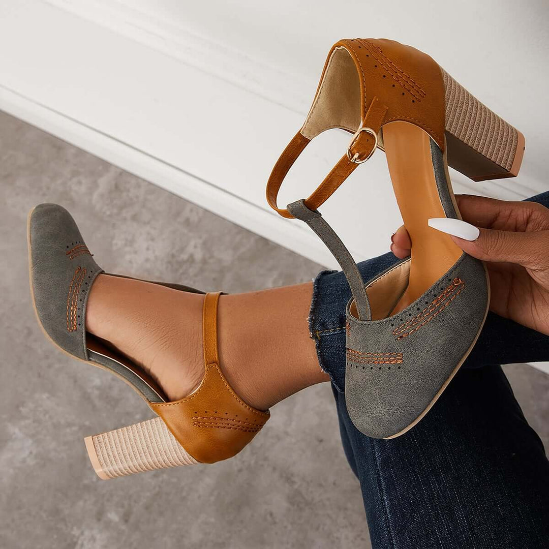 Casual Chunky Block Stacked Heels Ankle T-Strap Pumps