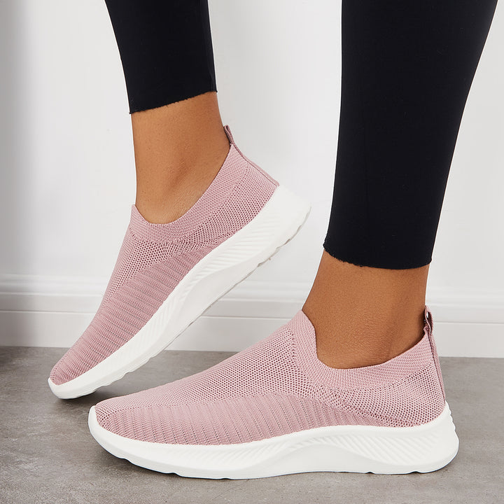 Casual Breathable Mesh Knit Sneakers Slip on Flat Walking Shoes