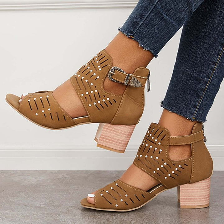 Low Chunky Block Stack Heels Ankle Strap Sandals