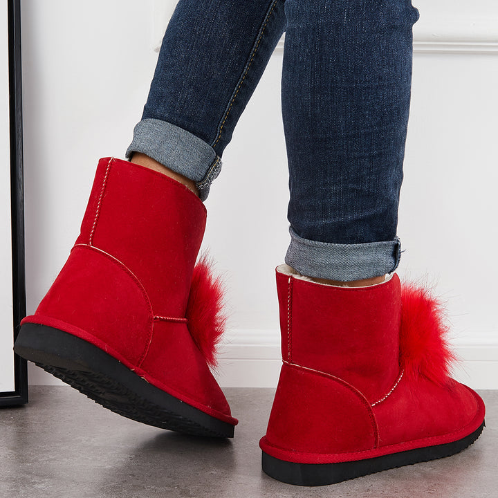 Women Suede Snow Boots Warm Faux Fur Pompom Winter Booties