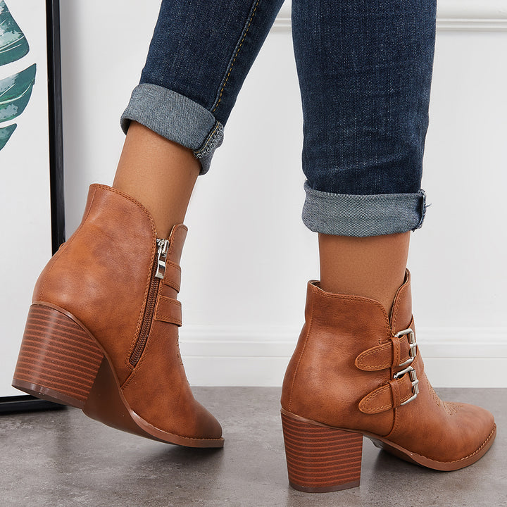 Cutout Buckle Straps Ankle Boots Chunky Block Heel Western Booties