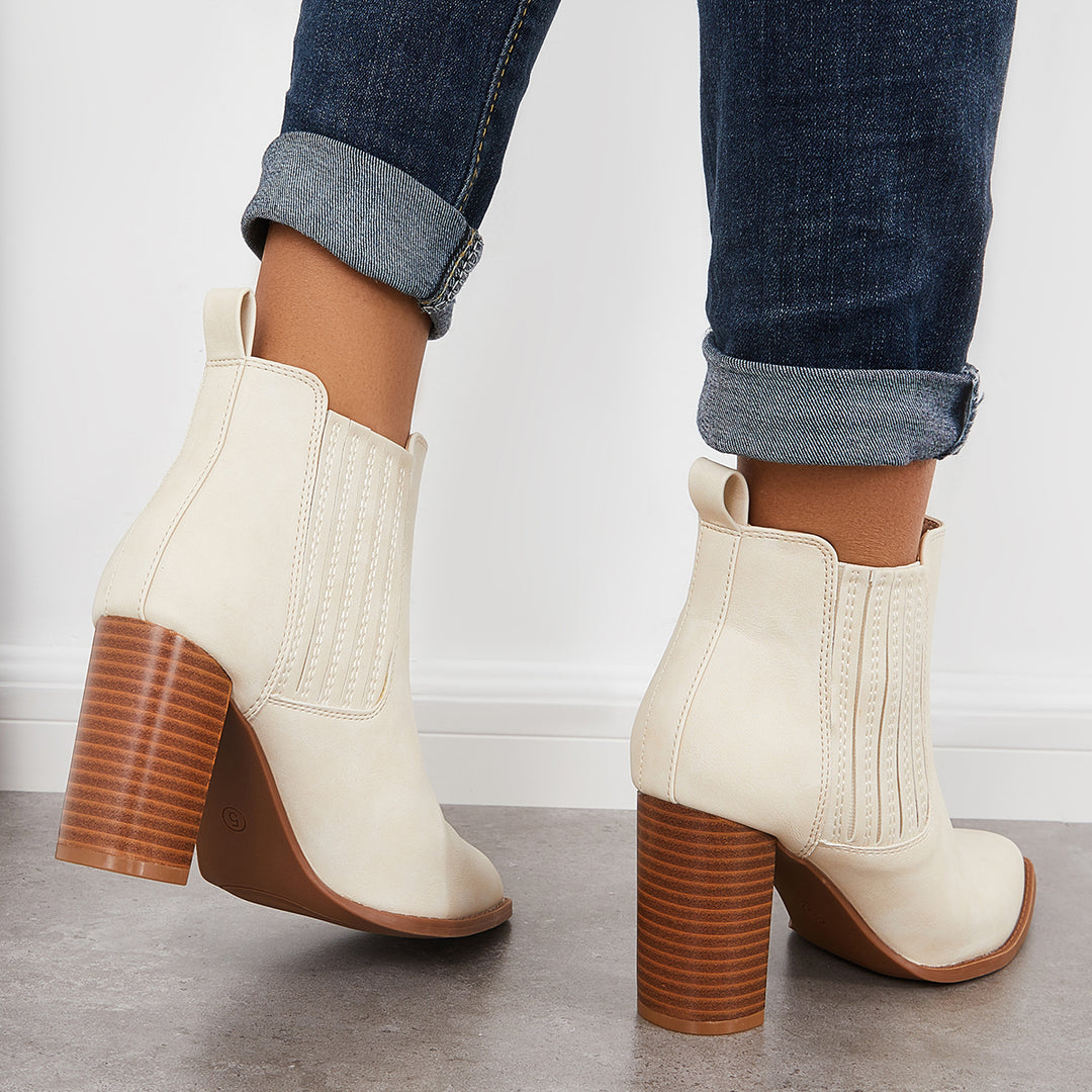 Pointed Toe Chunky High Heel Ankle Boots Slip on Western Booties