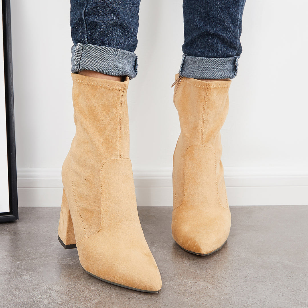 Stretch Pointed Toe Ankle Boots Chunky Heel High Top Booties