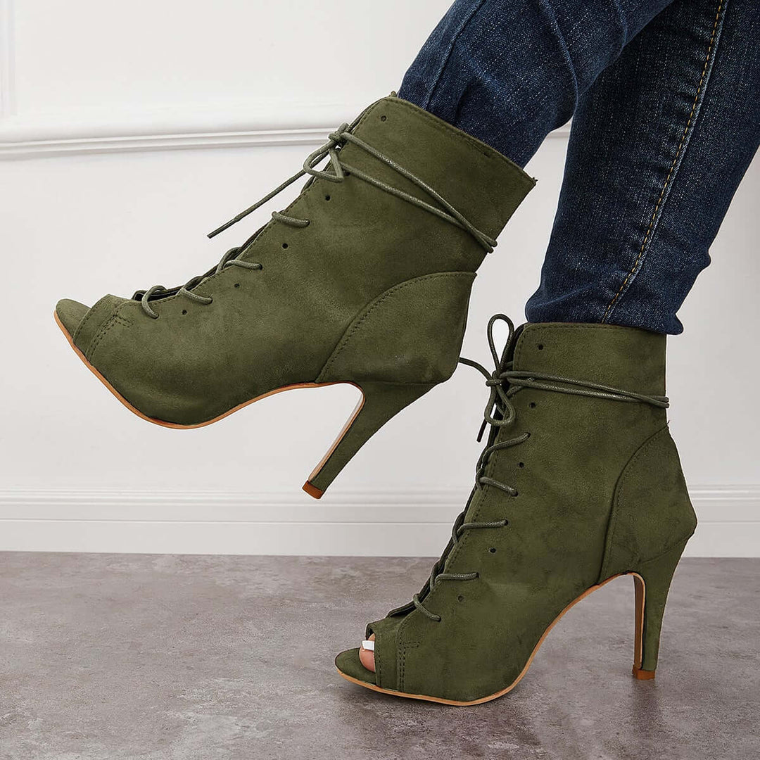 Peep Toe Stiletto High Heel Ankle Boots Lace Up Booties