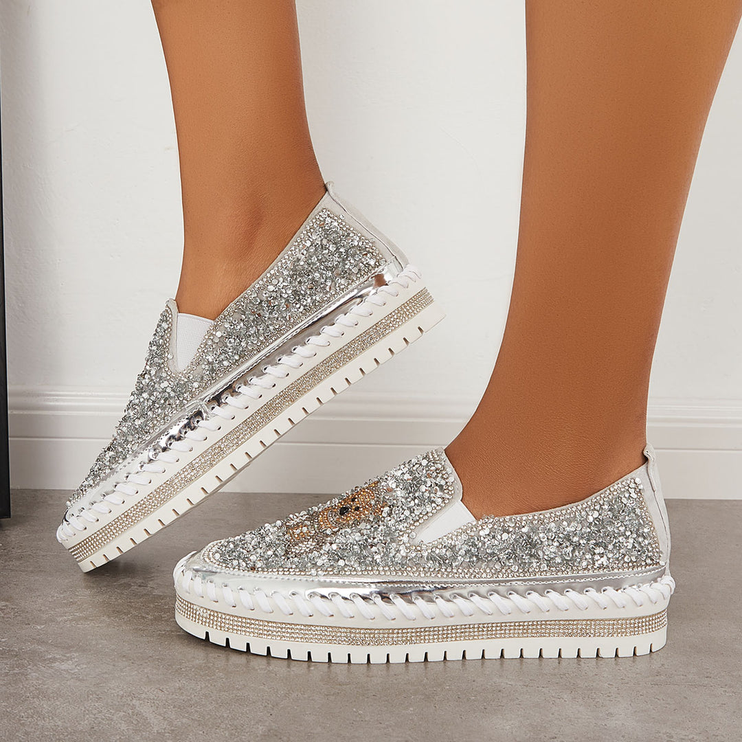 Glitter Rhinestone Bear Platform Loafers Slip on Walking Shoes
