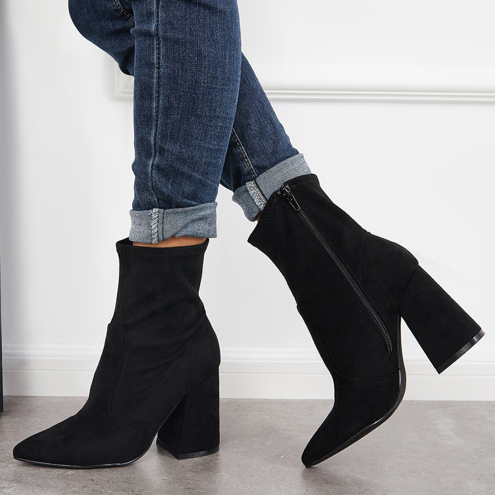 Stretch Pointed Toe Ankle Boots Chunky Heel High Top Booties