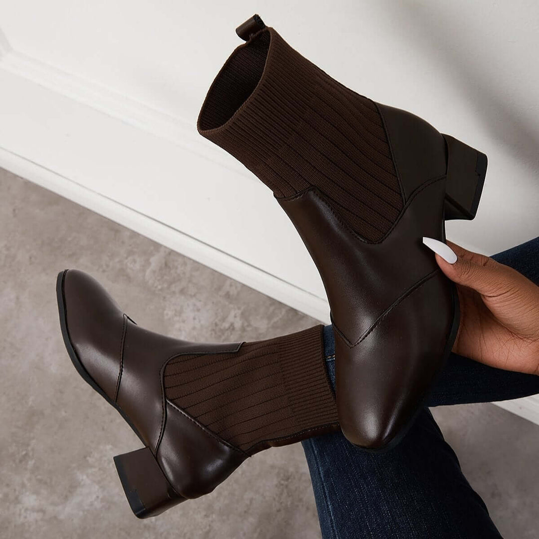 Square Toe Sock Booties Elastic Chunky Heel Ankle Boots