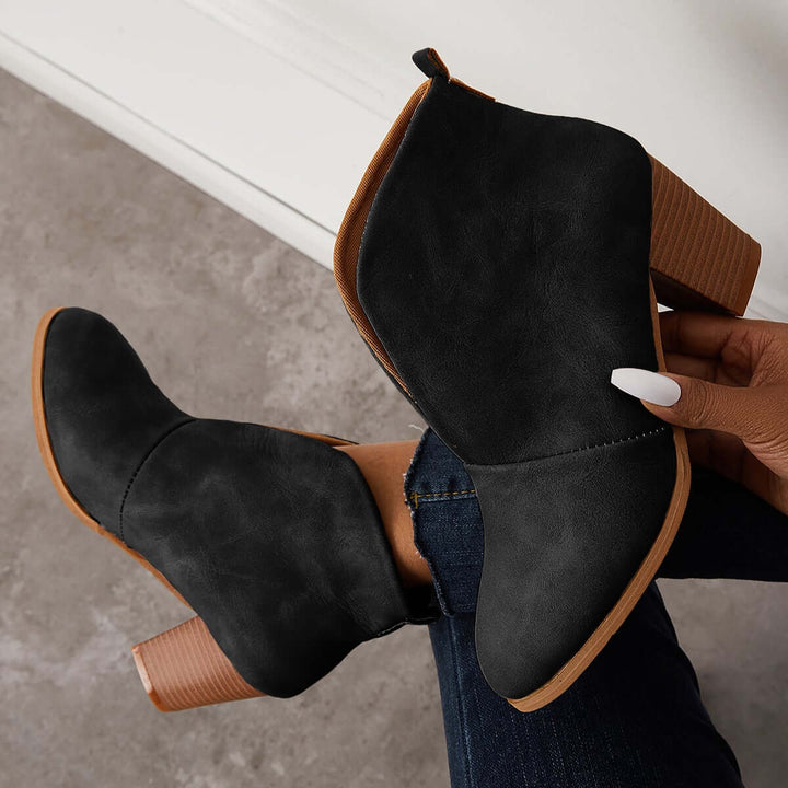 Retro Western V Cut Ankle Boots Slip On Chunky Stacked Heel Booties