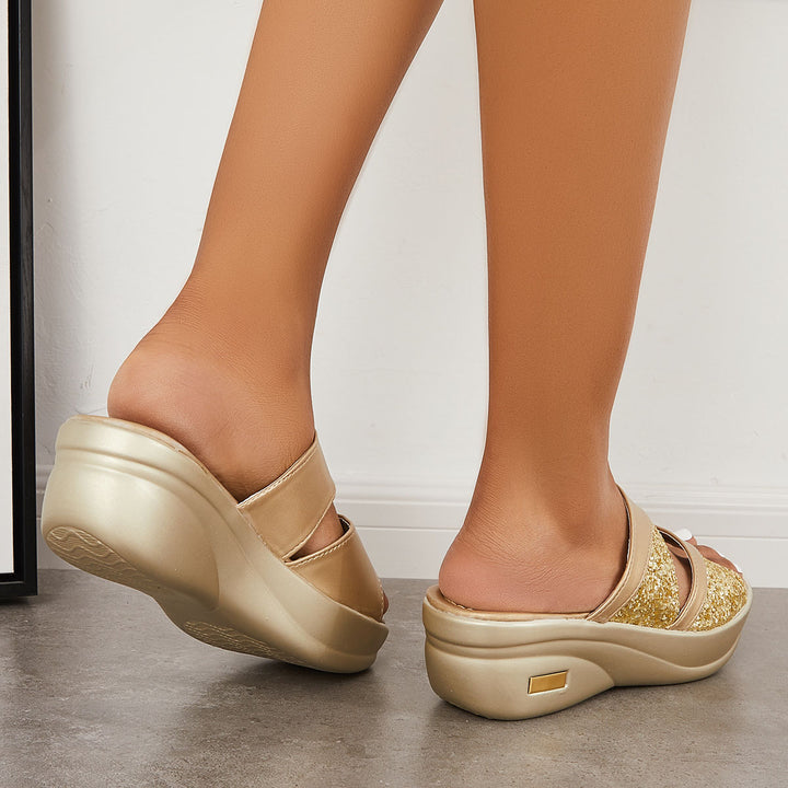 Glitter Open Toe Platform Wedges Arch Support Slide Sandals