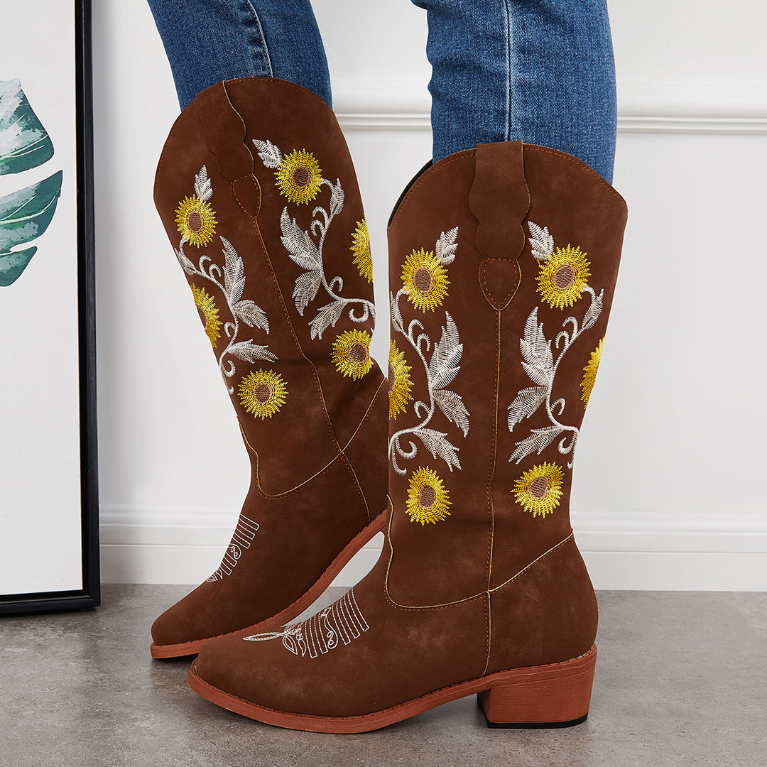 Retro Embroidered Western Cowboy Boots Chunky Heel Riding Boots