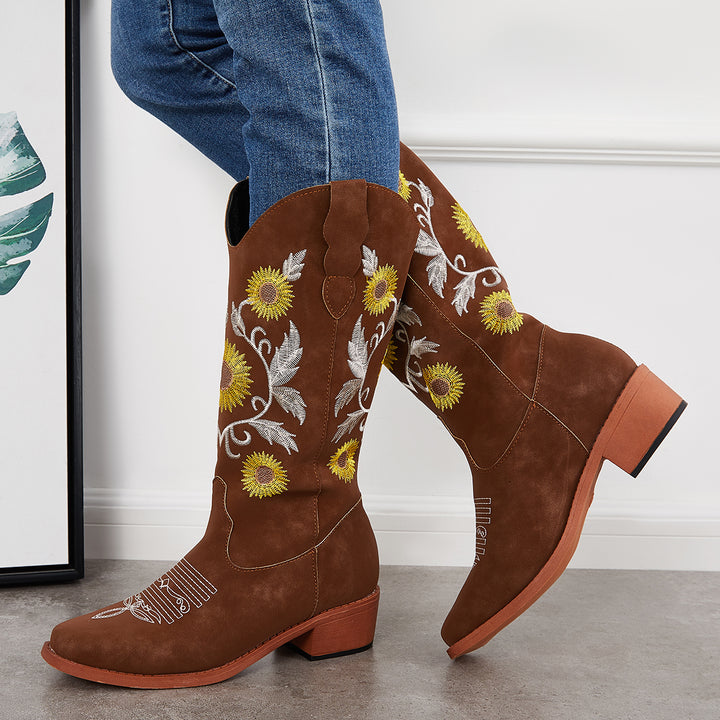 Retro Embroidered Western Cowboy Boots Chunky Heel Riding Boots