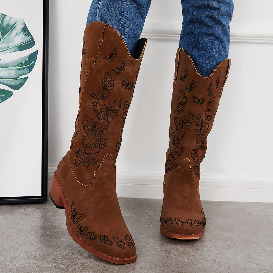Wide Calf Embroidered Western Boots Low Heel Knee High Riding Boots