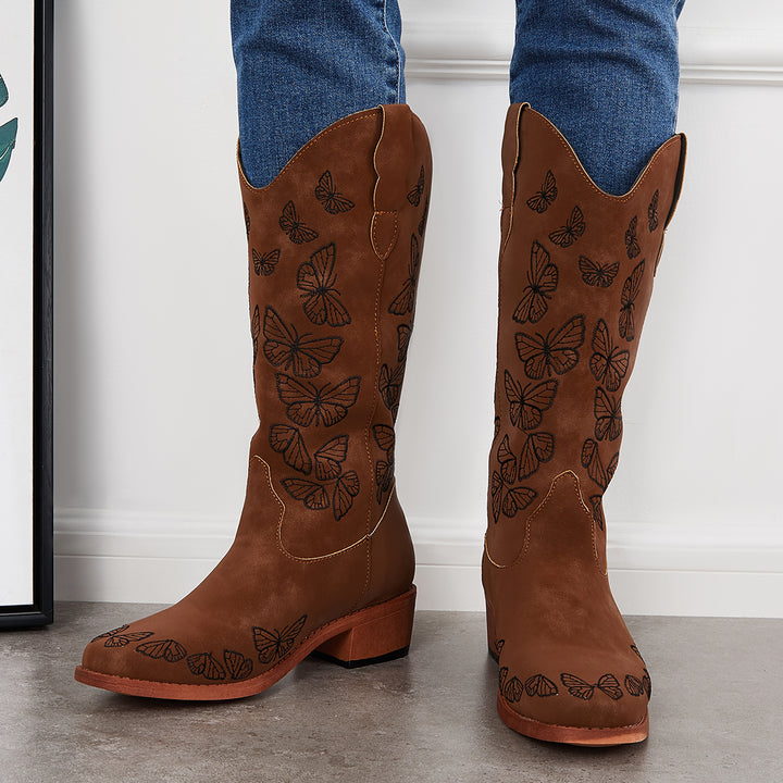 Wide Calf Embroidered Western Boots Low Heel Knee High Riding Boots