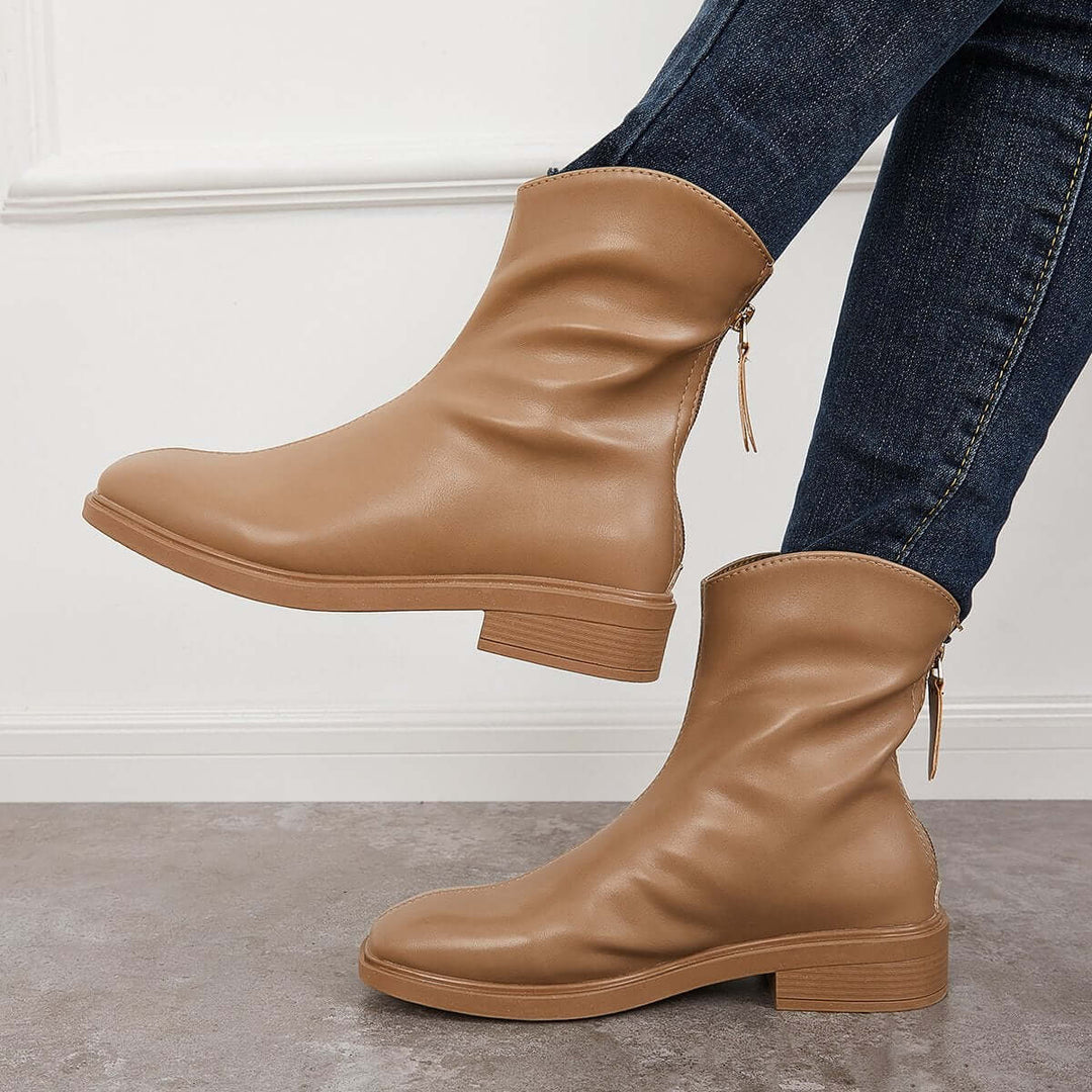 Women Fashion Faux Leather Heel Zipper Low Heel Boots