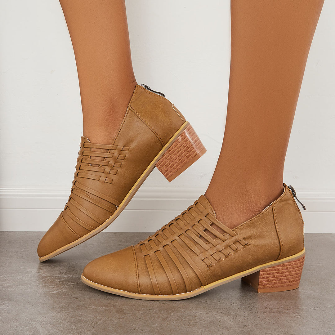 Cut Out Ankle Boots Pointed Toe Block Heel Short Booties