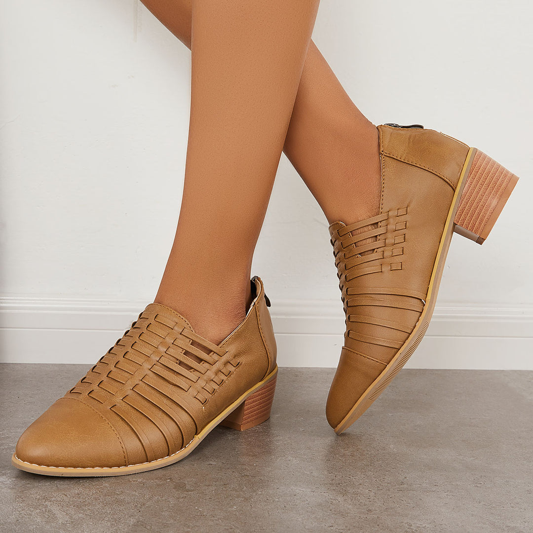Cut Out Ankle Boots Pointed Toe Block Heel Short Booties