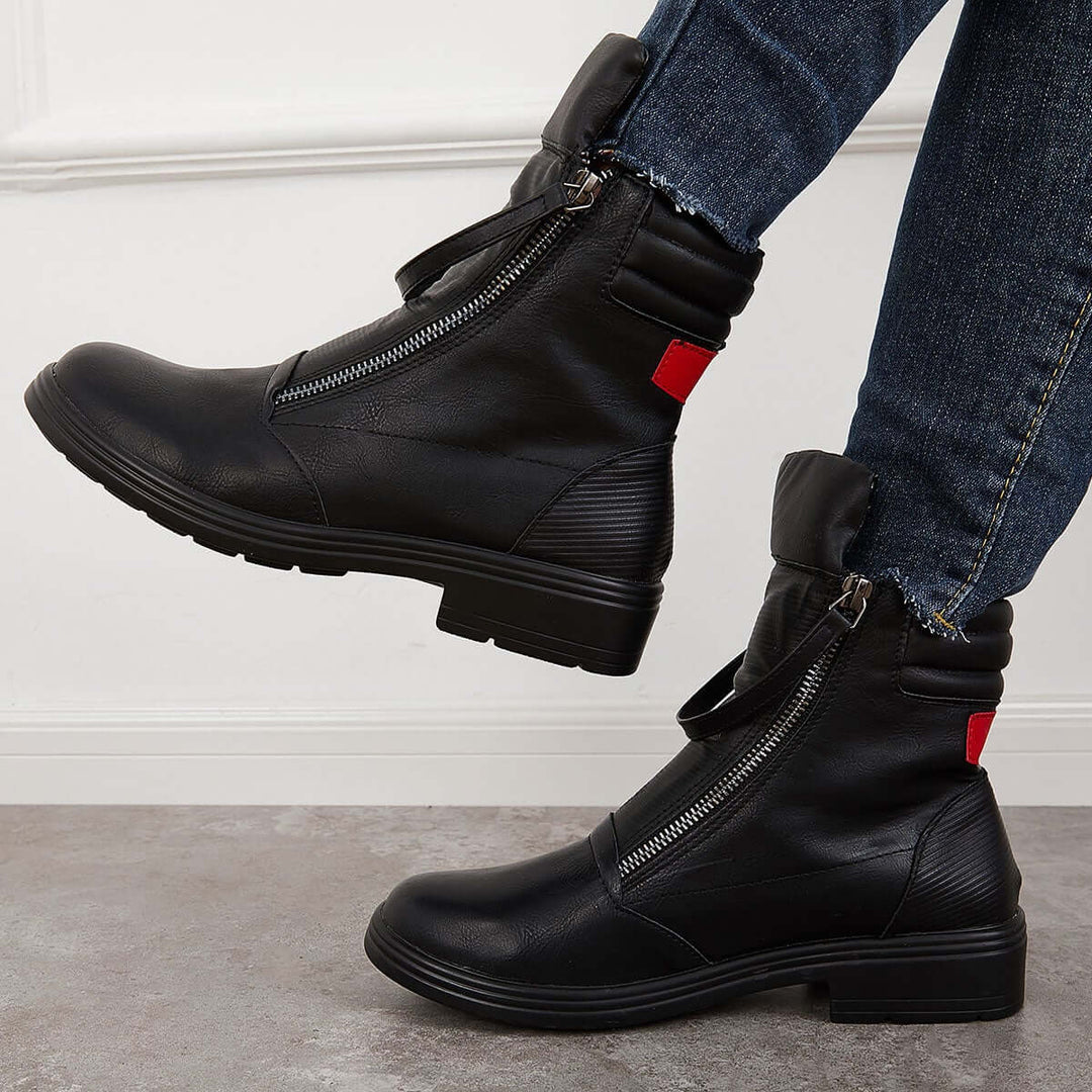 Black Slouch Ankle Booties Low Heel Zipper Boots