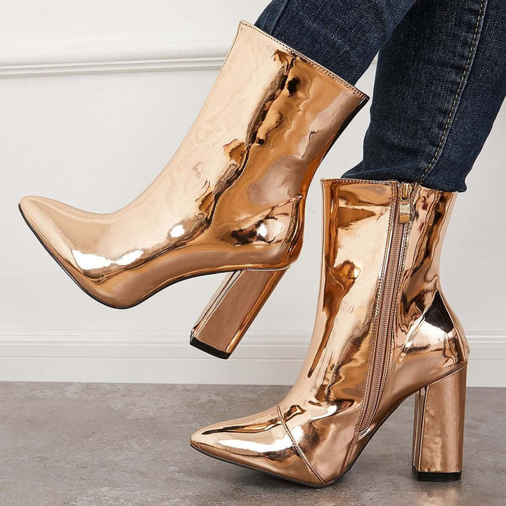 Patent Leather Pointed Toe Ankle Boots Chunky High Heel Booties