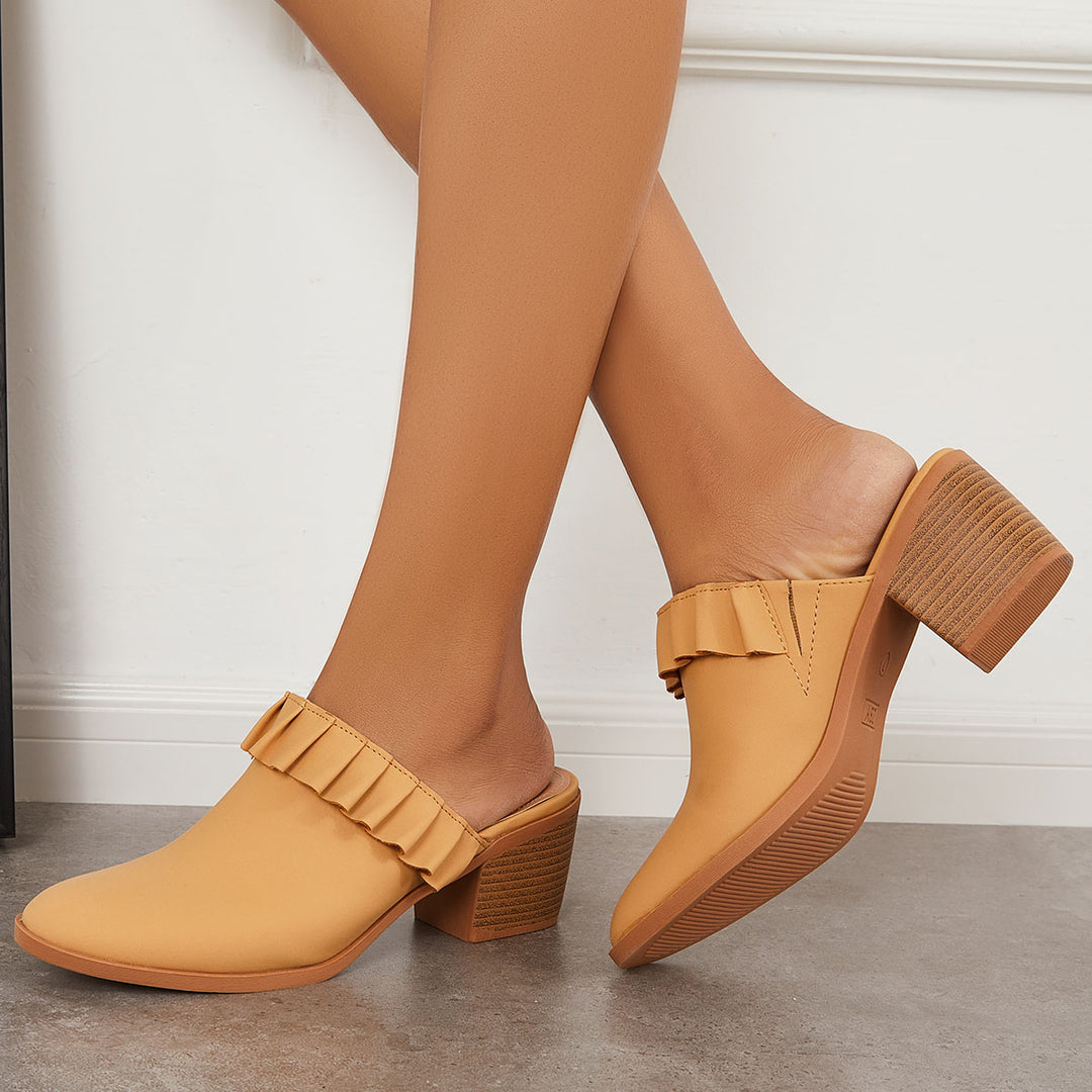 Ruffle Chunky Heeled Mules Boots Closed Toe Slip on Backless Shoes