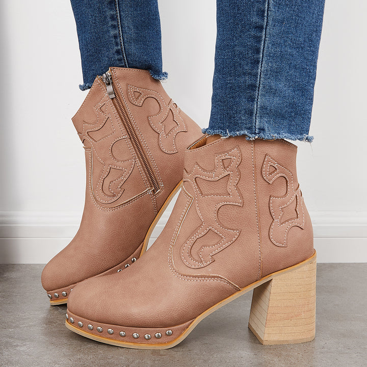 Embroidery Rivet Platform Chunky Heel Booties Western Cowgirl Ankle Boots