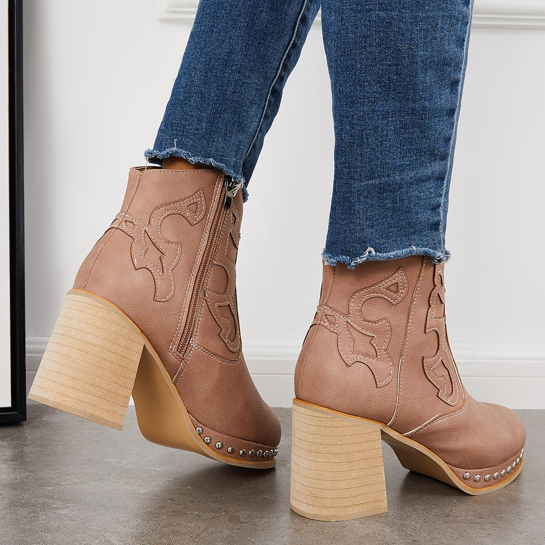 Embroidery Rivet Platform Chunky Heel Booties Western Cowgirl Ankle Boots
