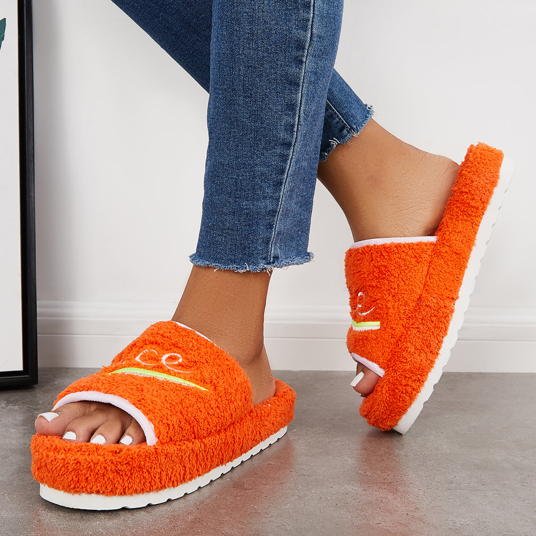 Warm Open Toe Flat Furry Slippers Cozy Slide Shoes