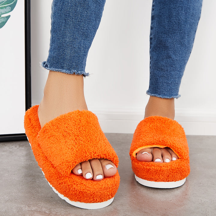 Open Toe Faux Fur Flat Slippers Soft Warm Slip on Furry Slippers