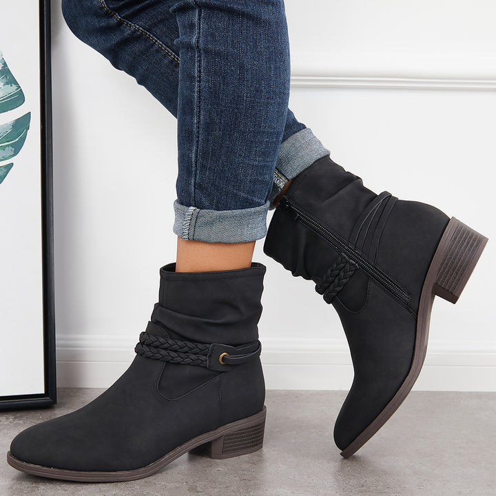 Slouchy Ankle Boots Braided Strap Chunky Block Heel Booties