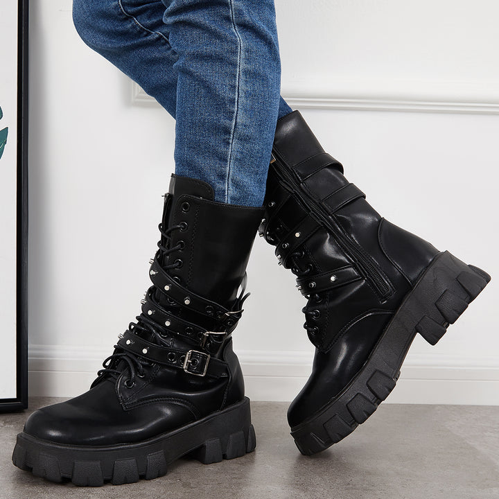 Goth Mid Calf Boots Punk Platform Chunky High Heel Booties