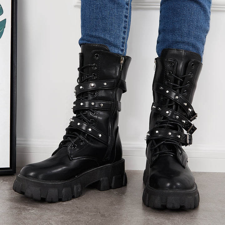 Goth Mid Calf Boots Punk Platform Chunky High Heel Booties