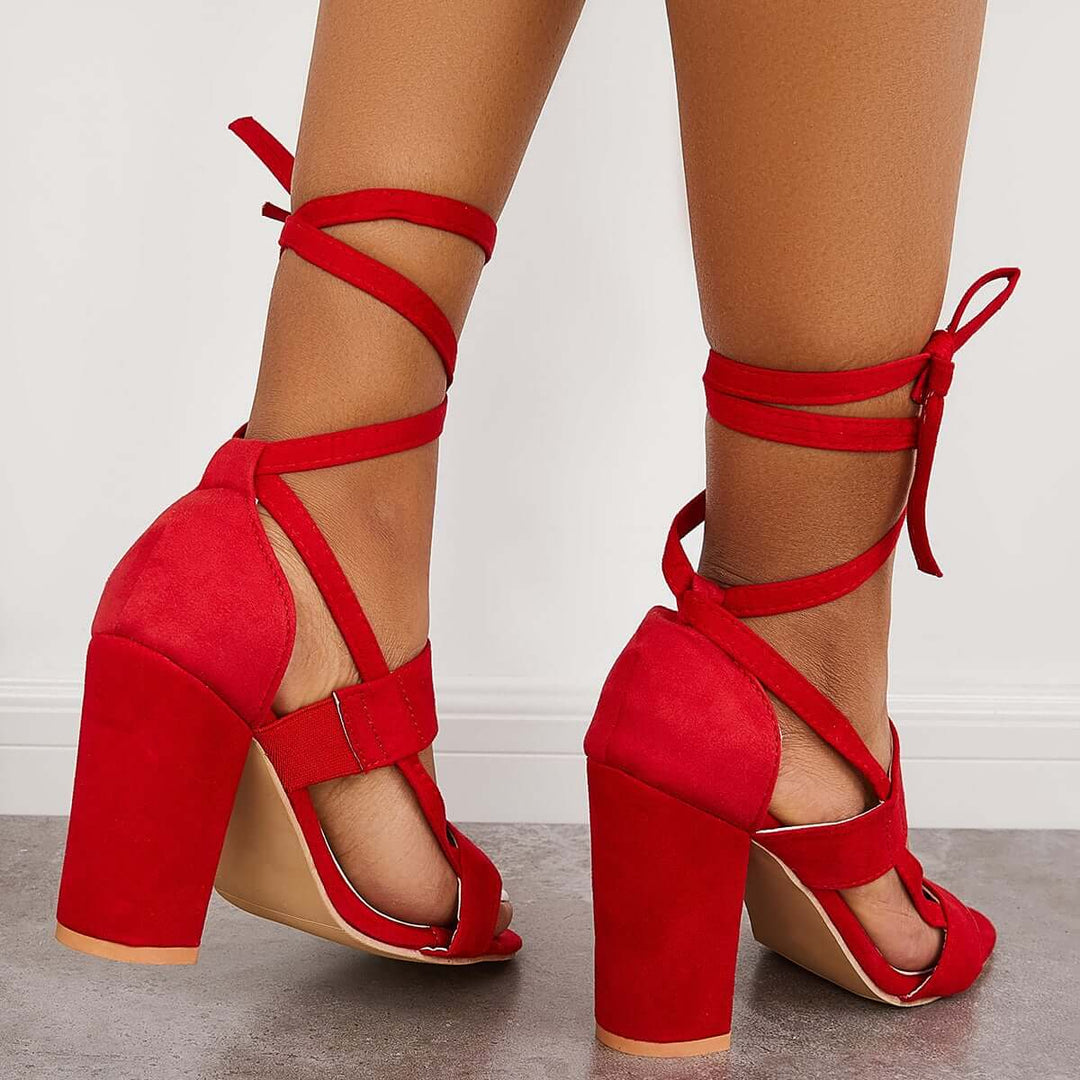 Lace Up Chunky Block High Heel Sandals Ankle Strap Dress Heels