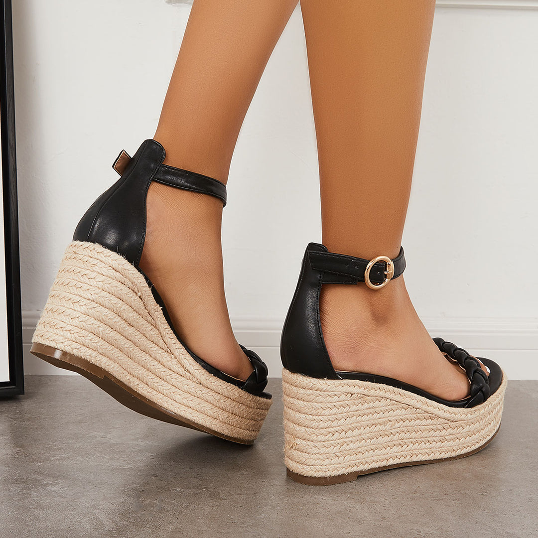 Summer Platform Espadrille Wedges Braided Buckle Strap Sandals