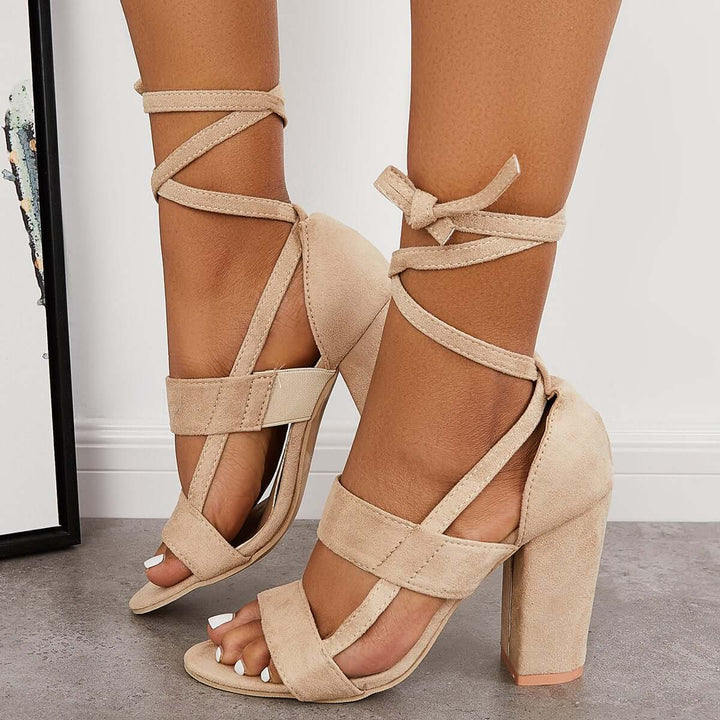 Lace Up Chunky Block High Heel Sandals Ankle Strap Dress Heels