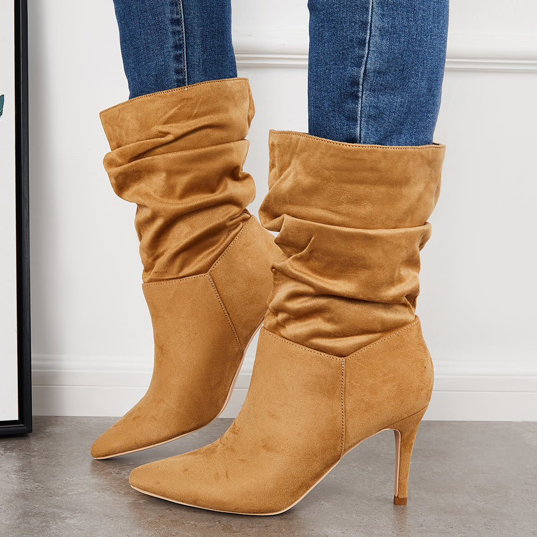 Suede Slouchy Mid Calf Boots Pointed Toe Stiletto Heel Booties