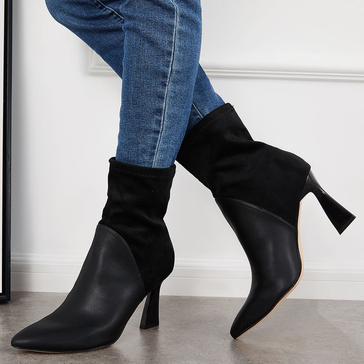 Splicing Ankle Boots Pointed Toe High Heel Sock Booties
