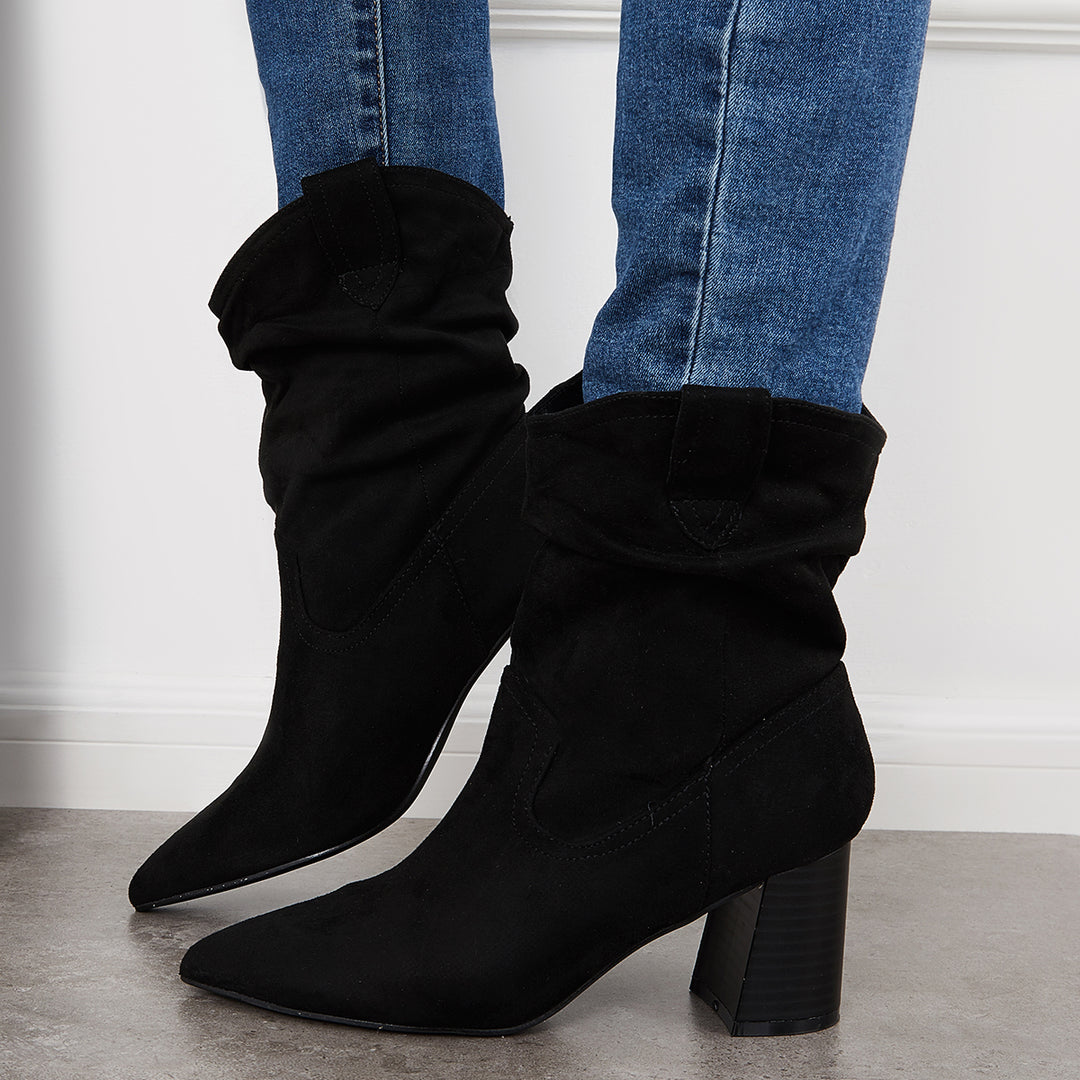 Slouchy Mid Calf Western Boots Pointed Toe Chunky Heel Booties