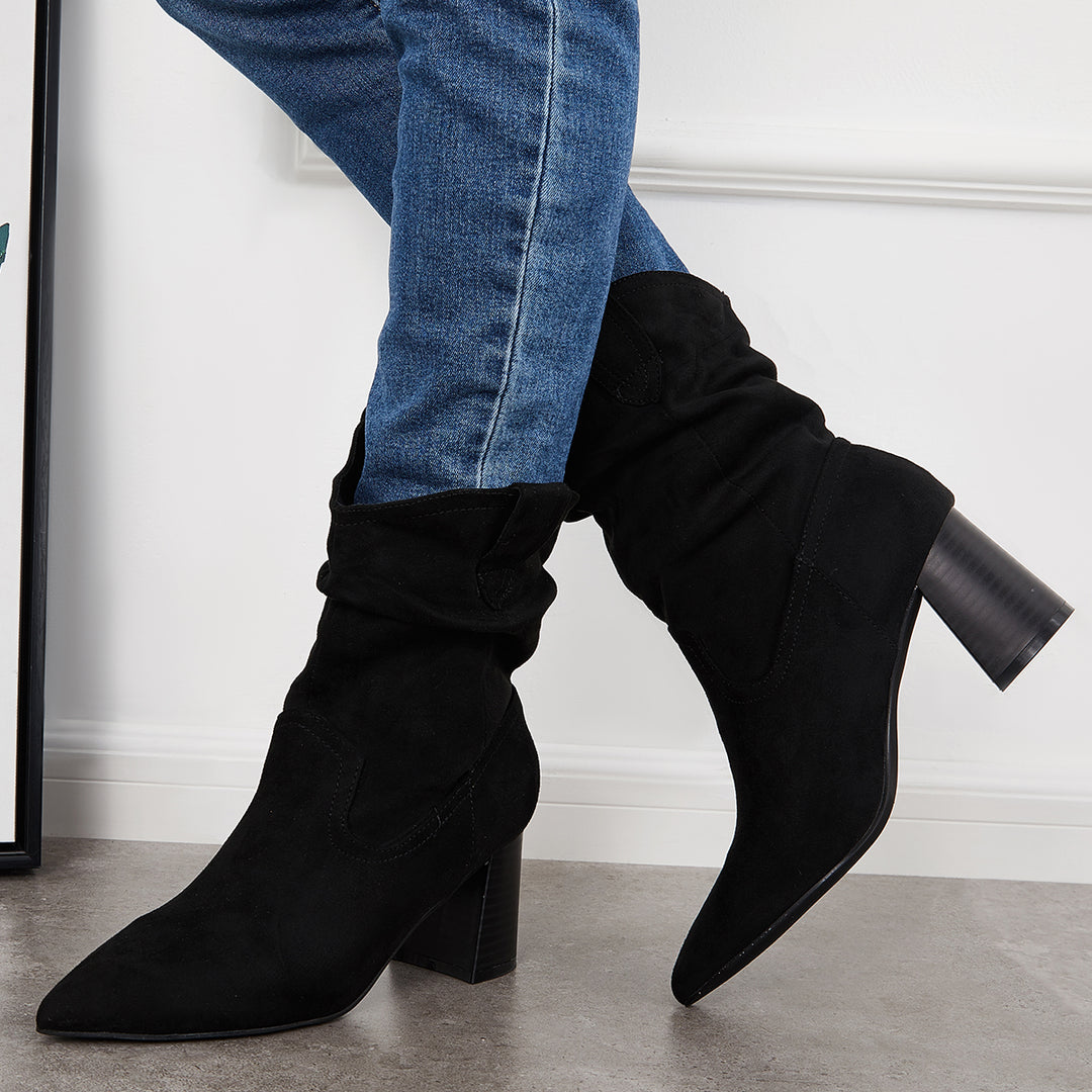 Slouchy Mid Calf Western Boots Pointed Toe Chunky Heel Booties