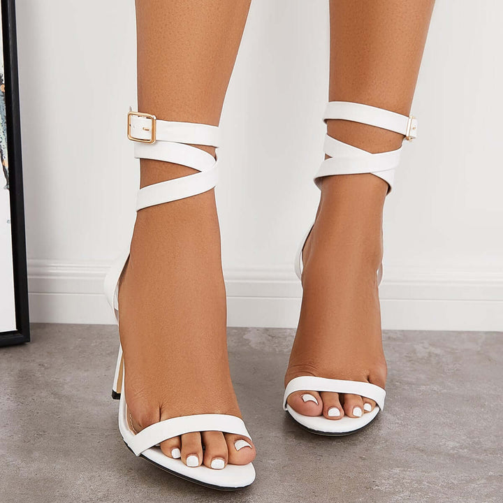 White Open Toe Ankle Strap Stilettos High Heel Plain Sandals